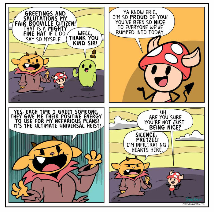 Comic panels featuring a ghost named Oliver helping others in the afterlife with positive energy and kindness.