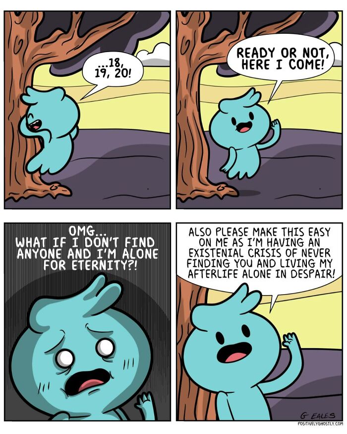 Comic panels featuring a ghost named Oliver anxiously playing hide and seek while facing an afterlife crisis.