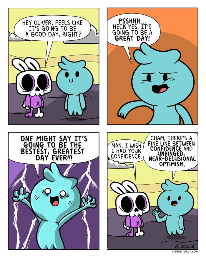 Comic panels featuring a ghost named Oliver helping others with optimism and afterlife guidance in a colorful cartoon style.