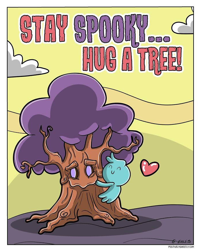 Comic featuring a ghost named Oliver hugging a tree with text about staying spooky in afterlife-themed artwork.