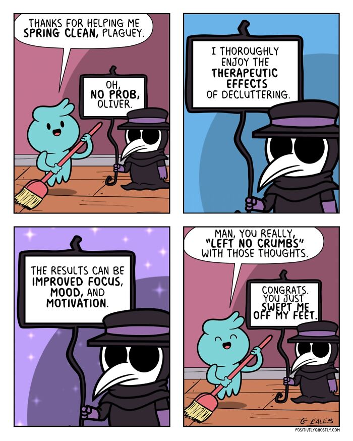 Comic panels showing a ghost named Oliver helping another character spring clean, highlighting therapeutic effects of decluttering.