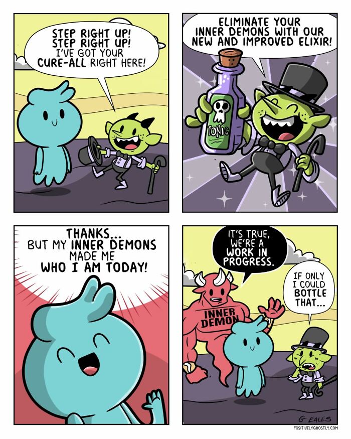 Comic panels featuring a ghost named Oliver helping others face inner demons and personal growth in the afterlife.