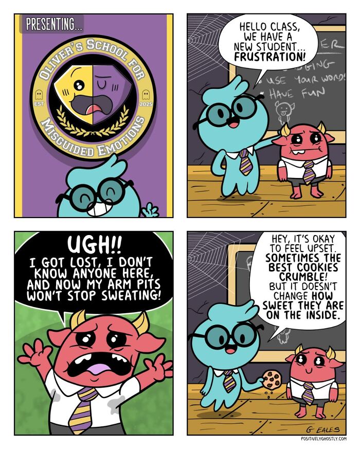 Comic panels featuring a ghost named Oliver helping others cope with emotions in the afterlife, illustrated by Greg Eales.