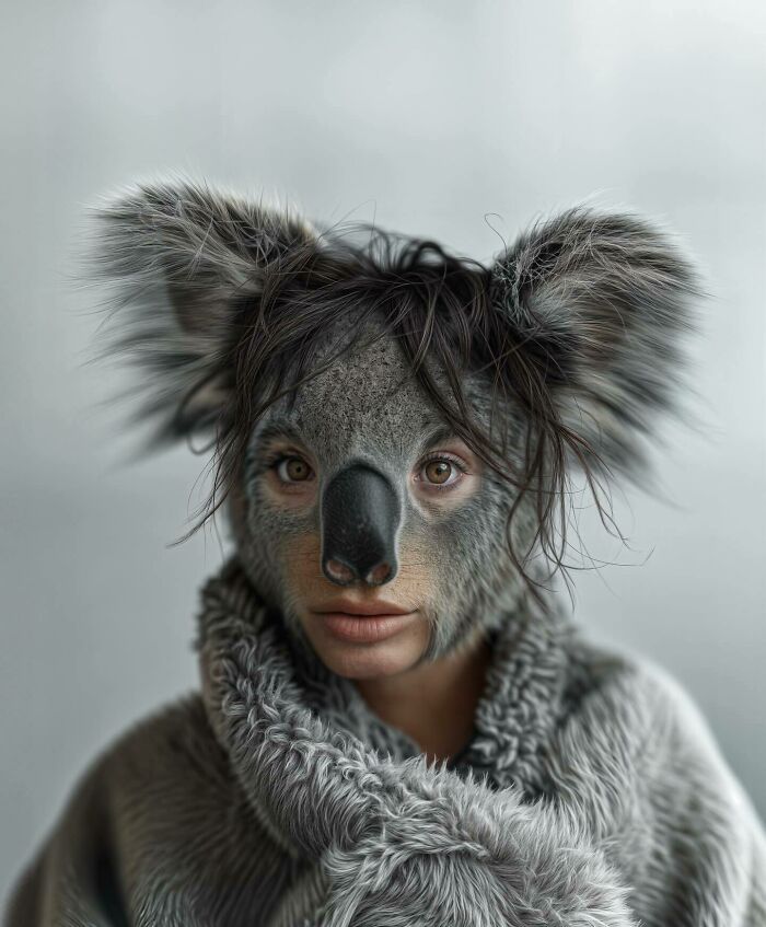 Human face blended with koala features and fur coat in artistic representation exploring identity and imagination.