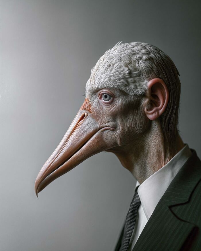 Surreal portrait blending human and bird features, exploring identity, instinct, and imagination in artistic form.