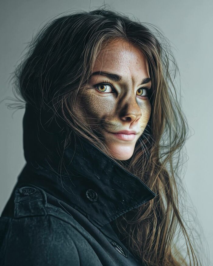 Portrait of a woman with animal features blending humans with animals and objects to explore identity and imagination.