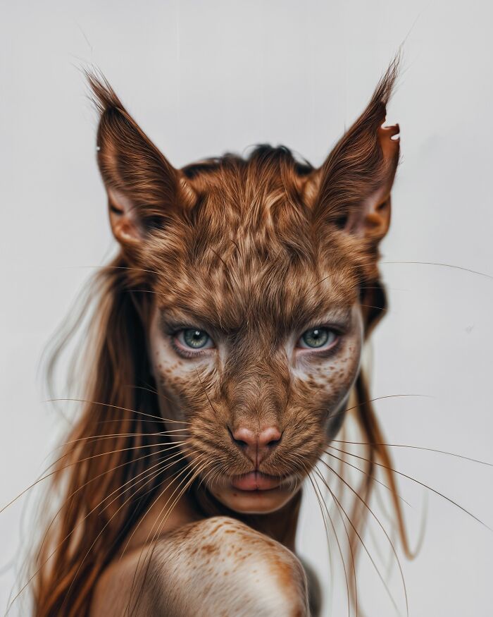 Surreal portrait blending human features with animal traits, exploring identity, instinct, and imagination through art.