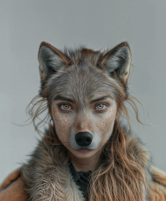 Woman merging with wolf features, blending humans with animals to explore identity, instinct, and imagination in art.