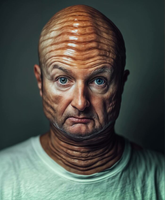 Surreal portrait blending human features with exaggerated textures to explore identity and imagination themes.