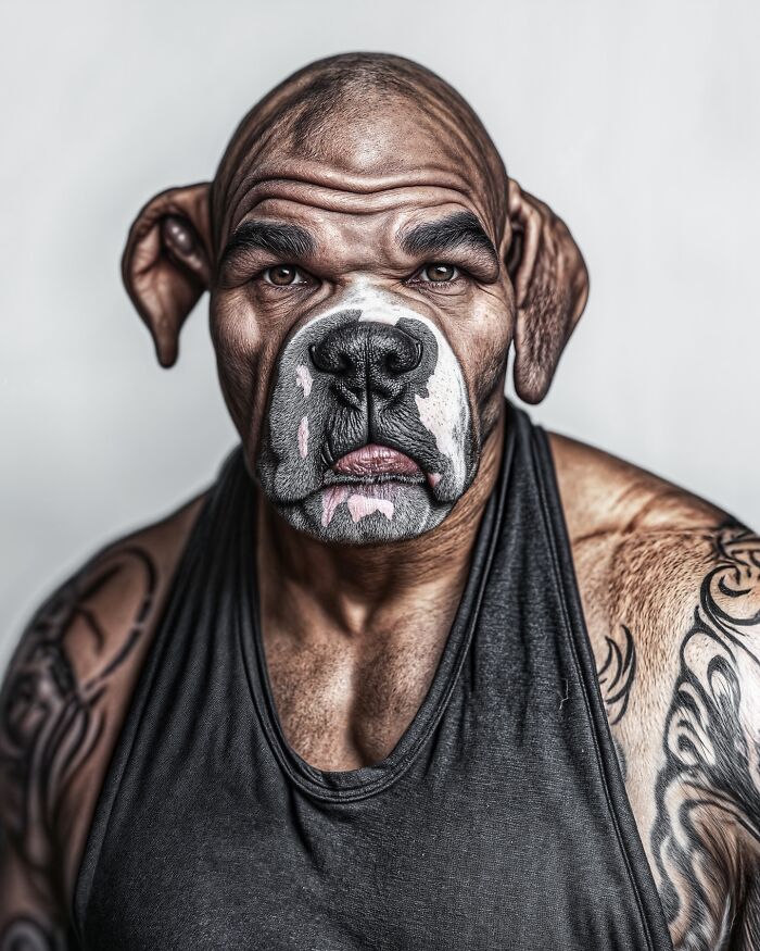 Portrait of a muscular man with tattoos blending human and dog features to explore identity, instinct, and imagination.