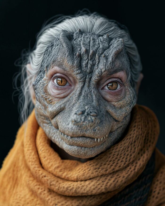 Portrait of a surreal creature blending human features with animalistic reptile traits, exploring identity and imagination.