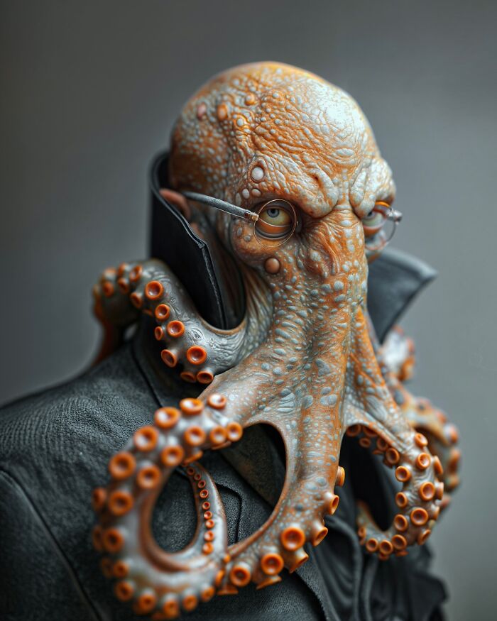 Surreal artist blending human and octopus features in detailed creature art exploring identity and imagination.