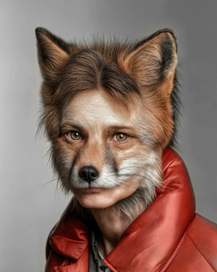Surreal artwork blending humans with animals and objects showing a fox-faced figure wearing a red jacket exploring identity and imagination.