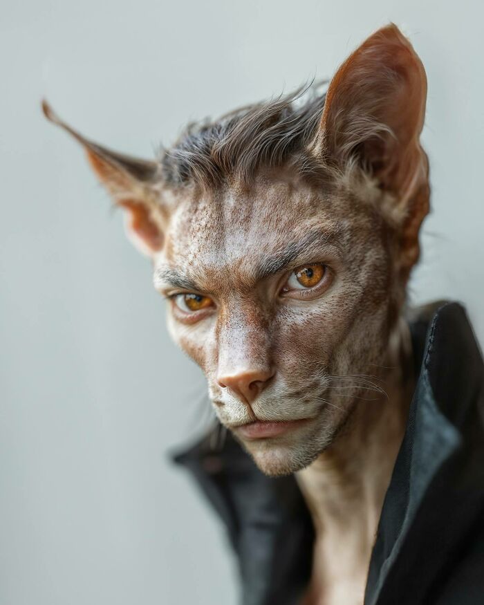 Surreal portrait blending humans with animals, exploring identity and imagination through detailed facial features and expression.