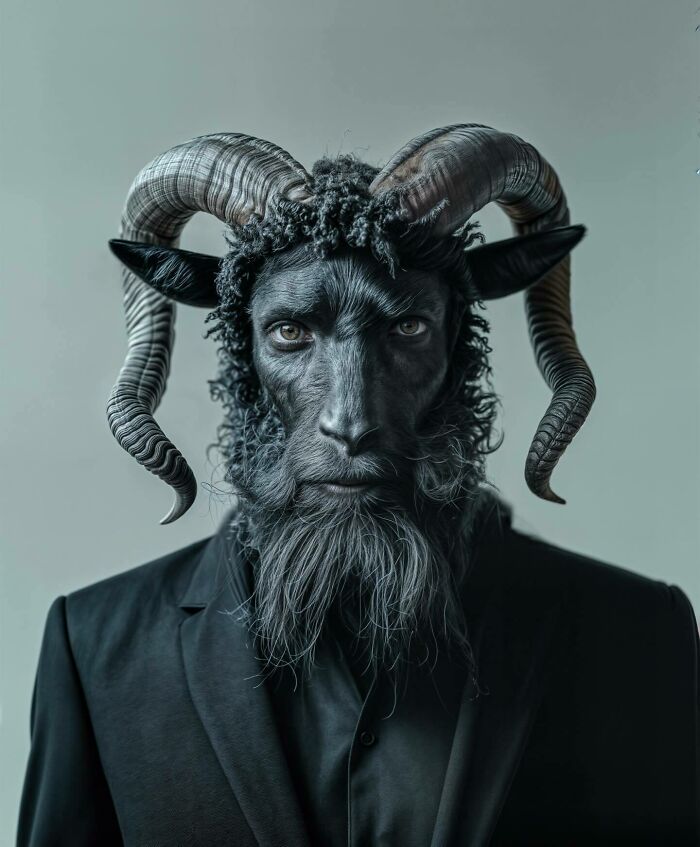 Surreal portrait blending human features with animal horns and fur, exploring identity, instinct, and imagination.