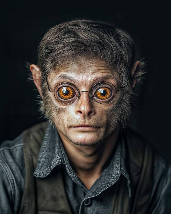 Surreal portrait blending human and animal features with large amber eyes, exploring identity, instinct, and imagination.