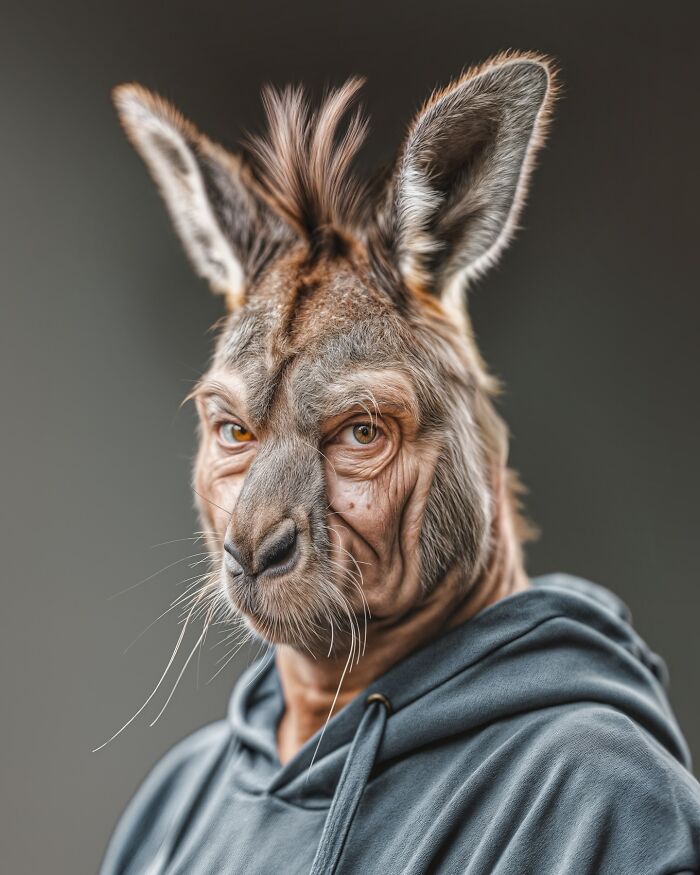 Surreal portrait blending human features with animal traits, exploring identity, instinct, and imagination in artistic form.