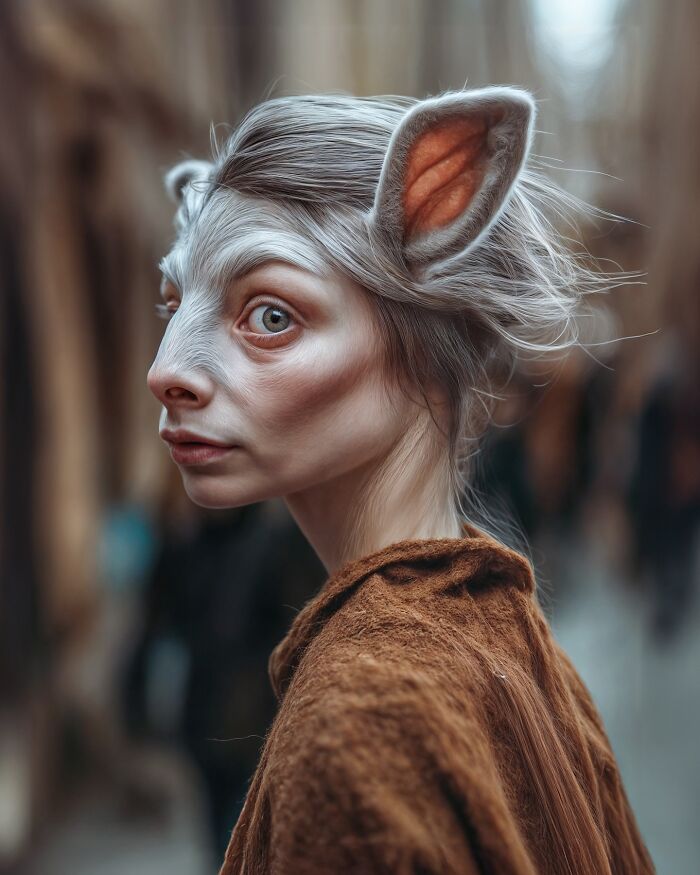 Surreal portrait blending humans with animals, featuring a person with animal ears and fur exploring identity and imagination.