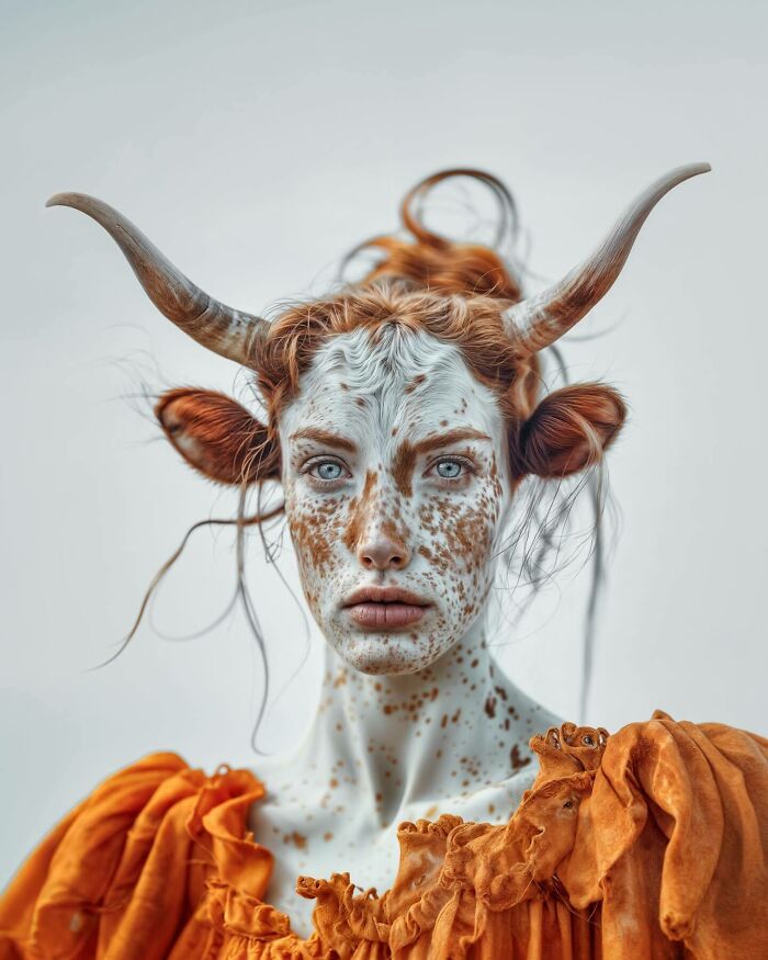 Surreal portrait blending human features with animal traits and objects, exploring identity, instinct, and imagination.