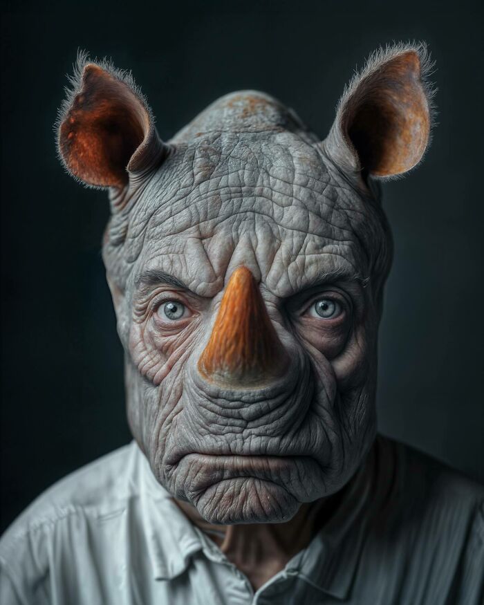 Human and animal blend portrait showing a rhino face with human eyes and skin texture exploring identity and imagination.