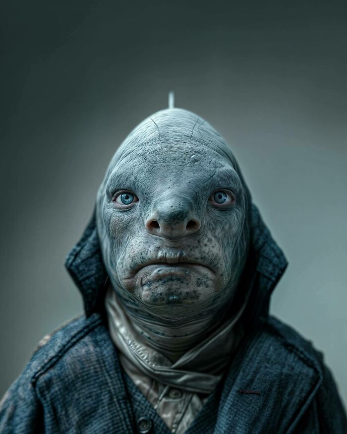 Surreal artwork blending human features with animal traits, exploring identity, instinct, and imagination in detailed costume.