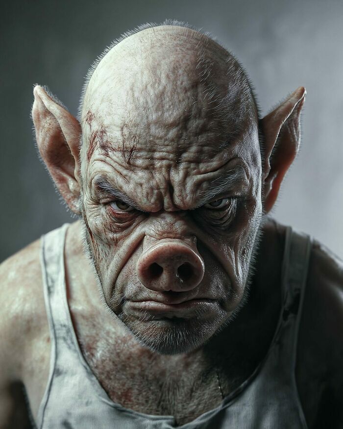 Surreal portrait blending human features with pig-like qualities to explore identity, instinct, and imagination in art.