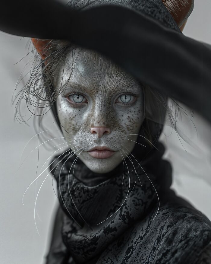 A digital artwork blending human features with animal traits, exploring identity, instinct, and imagination through vivid portraiture.