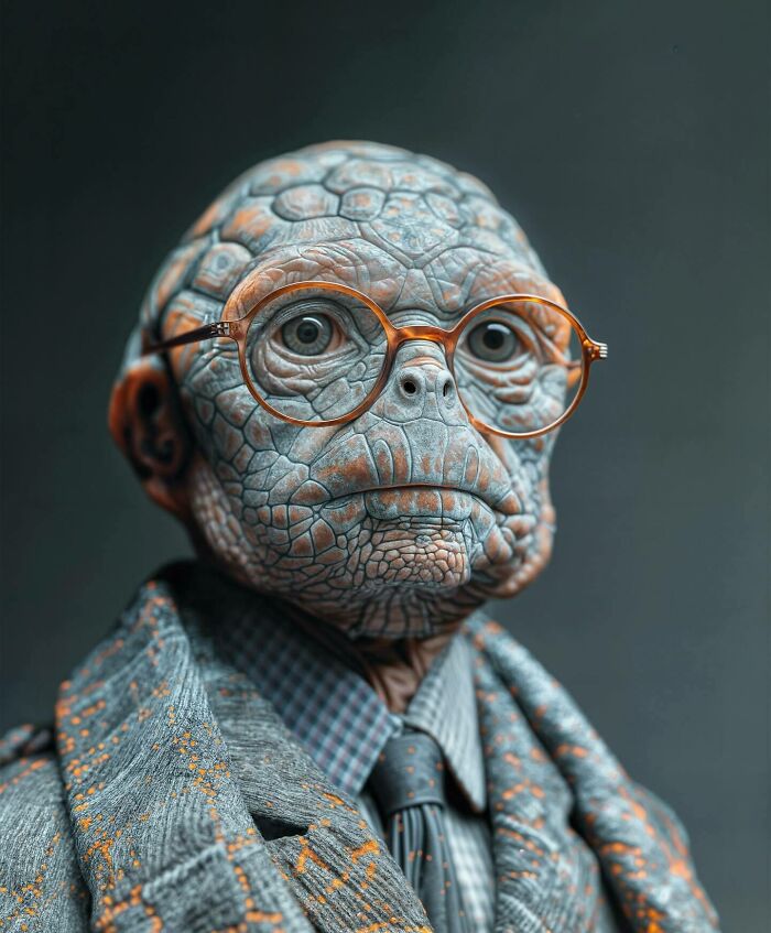 Surreal portrait blending human features with reptile-like skin and glasses, exploring identity, instinct, and imagination.