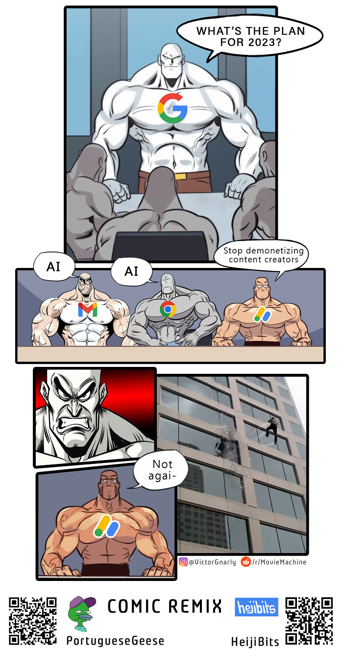 Muscular AI-themed comic characters debating content demonetization and frustrations with Google services in a humorous style.