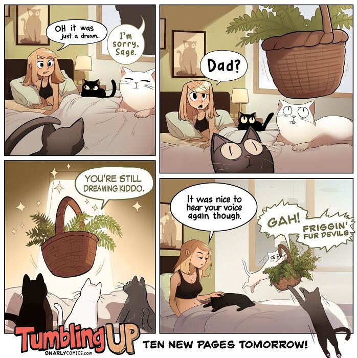 Comic strip by Victor Gnarly featuring cats, a girl, and humorous moments about AI and life’s little annoyances.