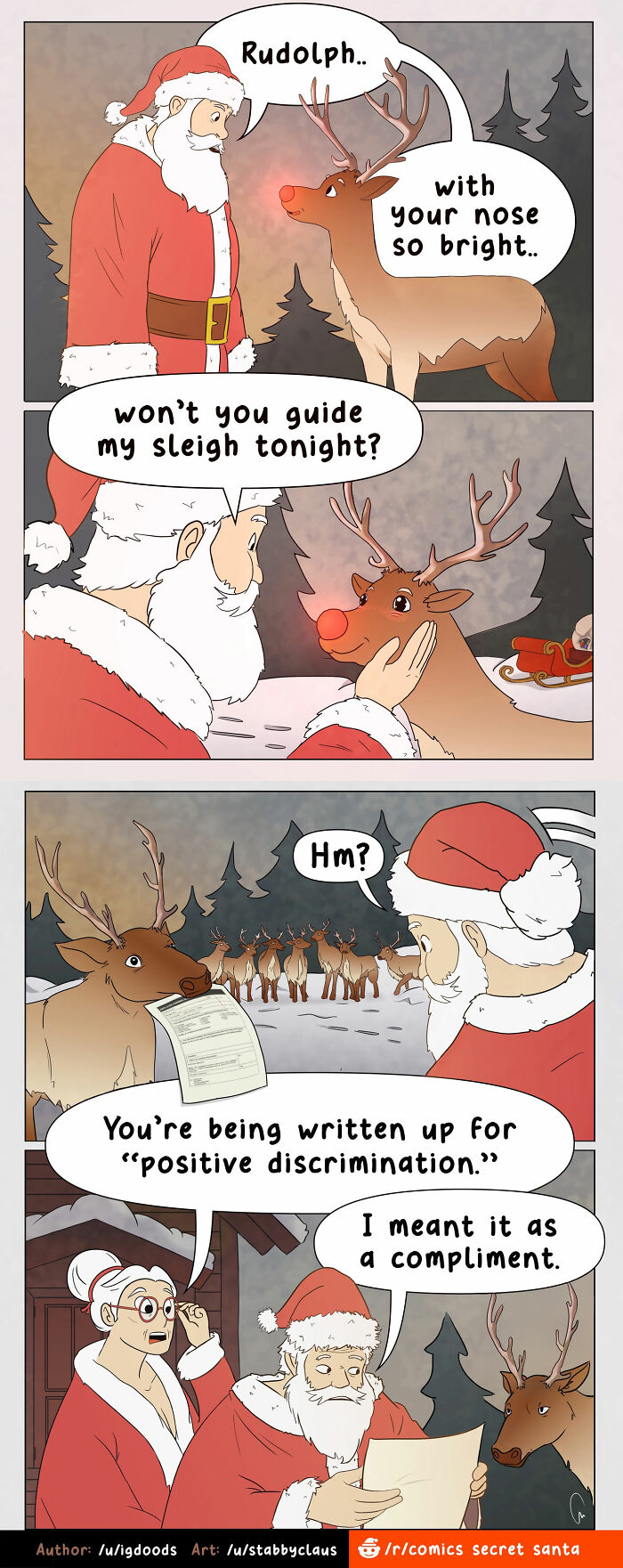 Santa talks to Rudolph about guiding his sleigh while a comic panel highlights AI and life’s little annoyances with reindeer humor.
