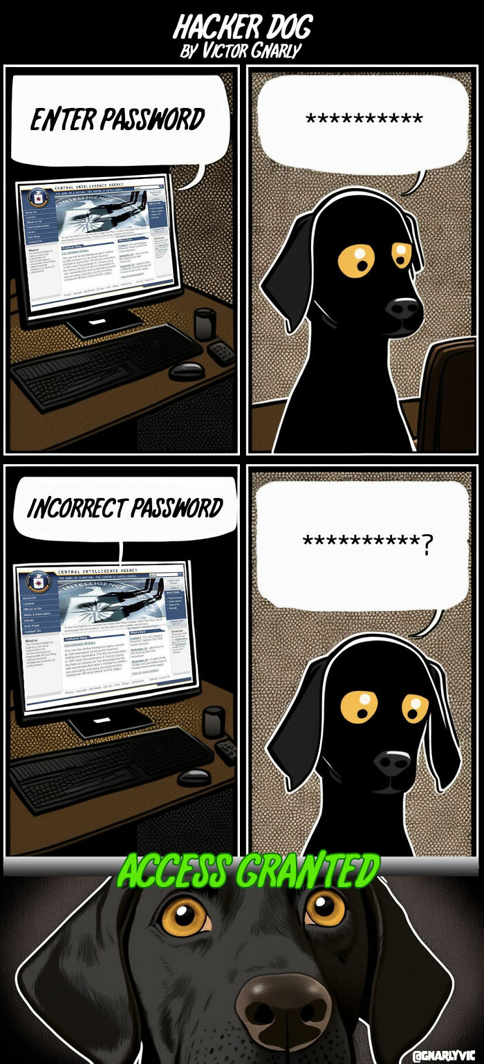 Comic by Victor Gnarly showing a hacker dog struggling with passwords and AI life’s annoyances.