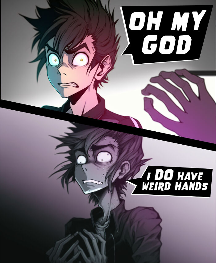 Comic panels by Victor Gnarly showing a shocked character discussing AI and life’s little annoyances with expressive visuals.