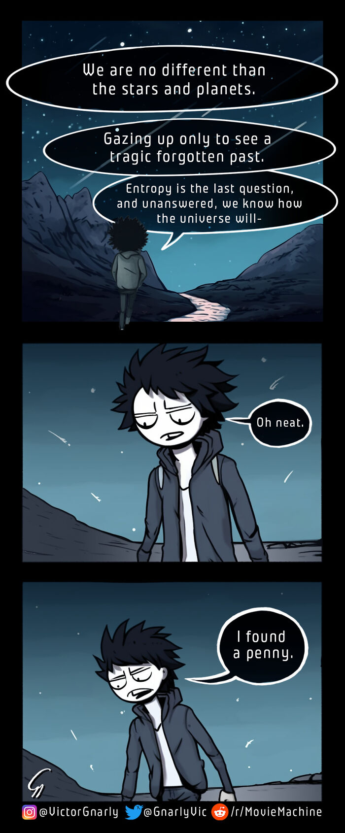 Comic panels by Victor Gnarly depicting AI reflections and life’s little annoyances under a starry night sky.