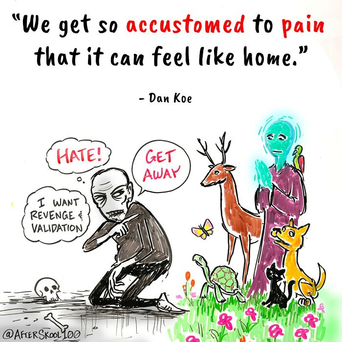 Illustration exploring philosophy, spirituality, and self-discovery showing contrast between hate and harmony with nature and animals.