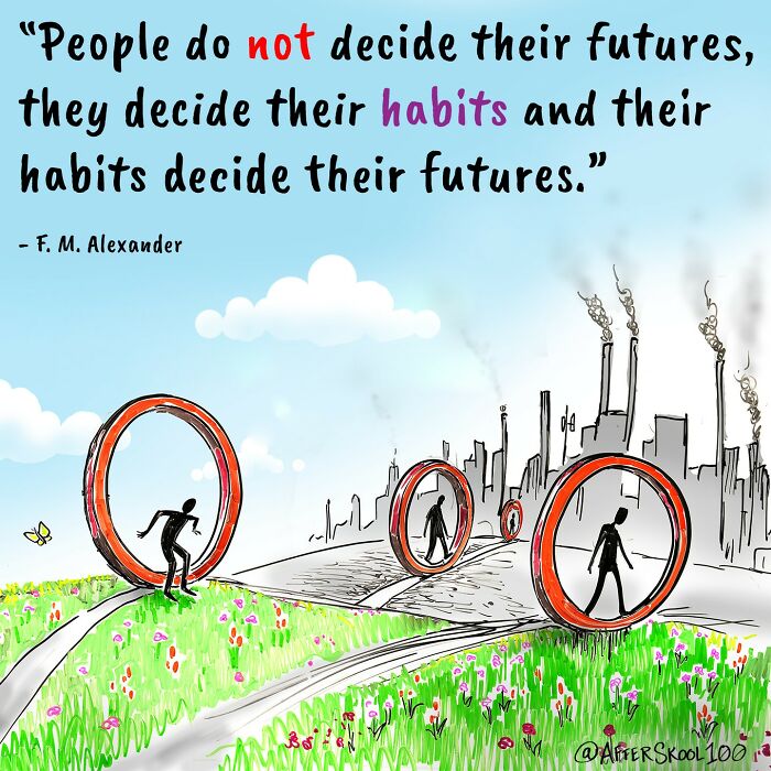 Illustration exploring philosophy and self-discovery with figures in hamster wheels transitioning from nature to industrial cityscape.