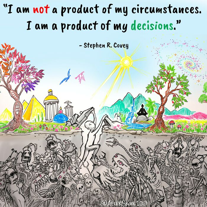 Illustration exploring philosophy, spirituality, and self-discovery showing a figure rising from darkness toward light and nature.