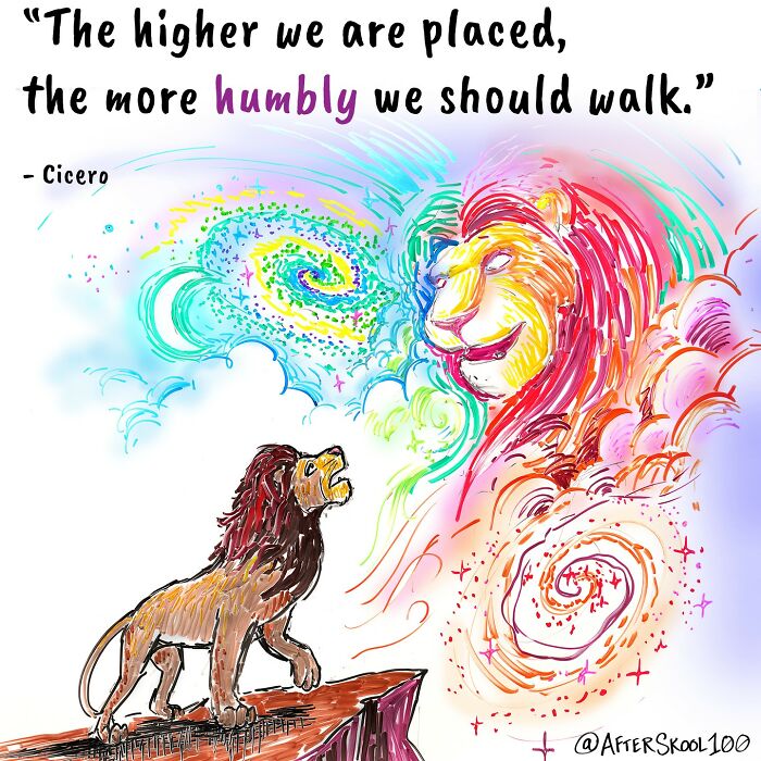 Colorful illustration showing a lion on a cliff looking up at a spiritual lion figure, exploring philosophy and self-discovery.