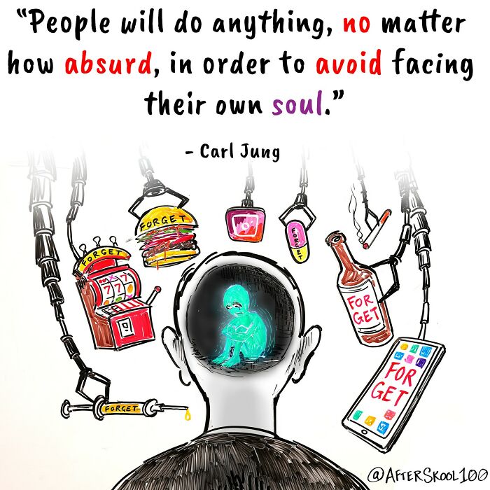 Illustration exploring philosophy and self-discovery showing distractions controlled by robotic arms around a meditative figure.