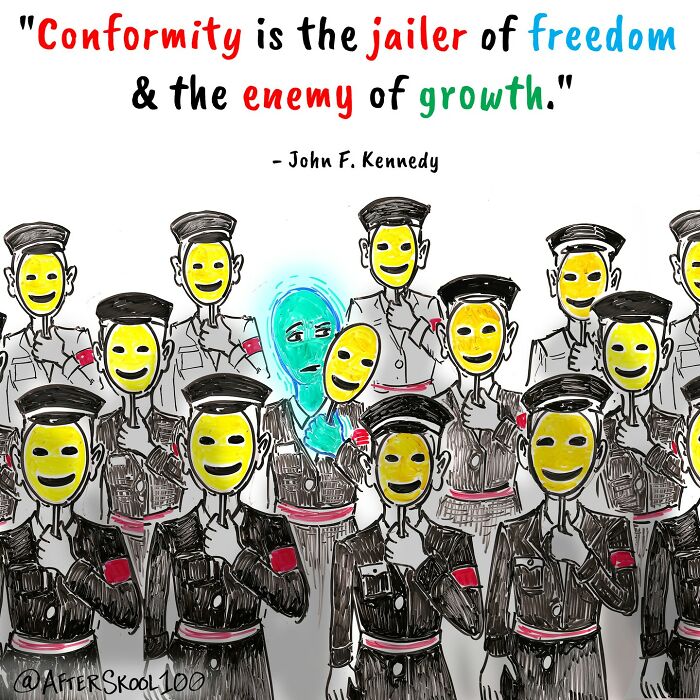 Illustration exploring philosophy and self-discovery showing uniformed figures with smiling masks hiding a blue, sad figure.