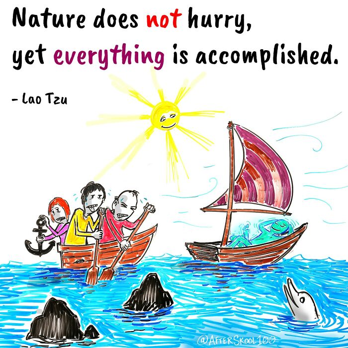 Illustration exploring philosophy, spirituality, and self-discovery with people rowing boats and a smiling sun above.