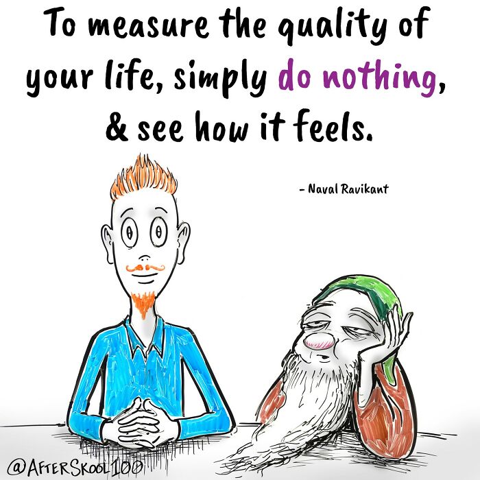 Illustration exploring philosophy and self-discovery with characters reflecting on life by doing nothing and feeling.