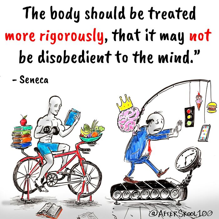 Illustration exploring philosophy and self-discovery showing the mind controlling impulses while the body pursues discipline and health.