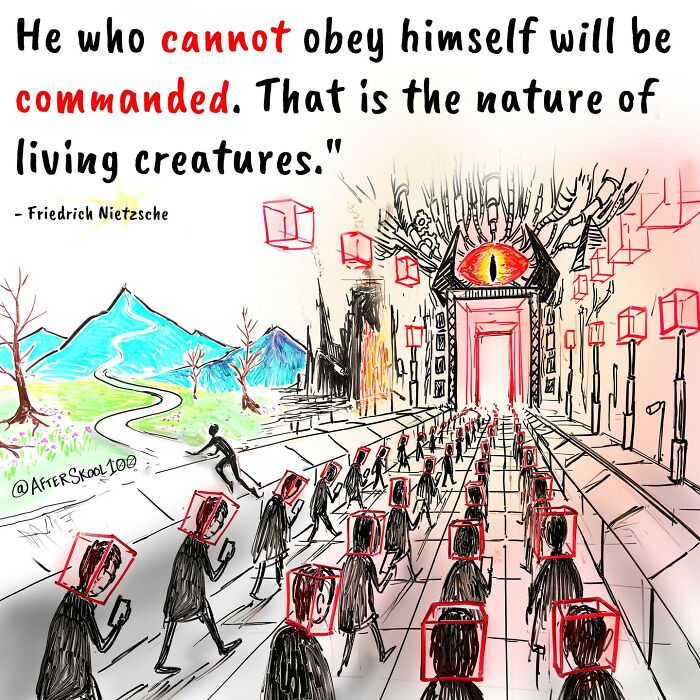 Illustration exploring philosophy and self-discovery shows figures with boxed heads walking toward a large eye on a structure.