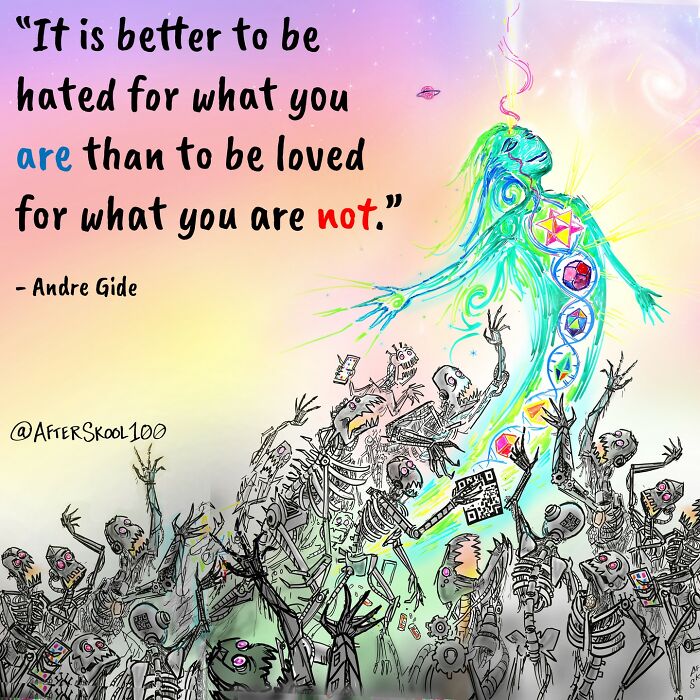 Colorful illustration exploring philosophy, spirituality, and self-discovery with skeletons and a glowing ascending figure.