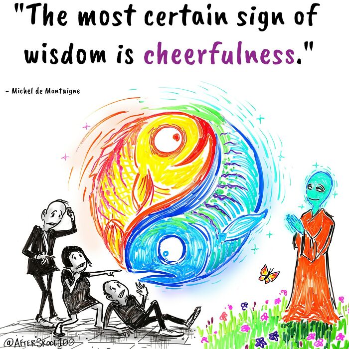 Colorful yin-yang fish illustration with people and a monk, exploring philosophy, spirituality, and self-discovery themes.