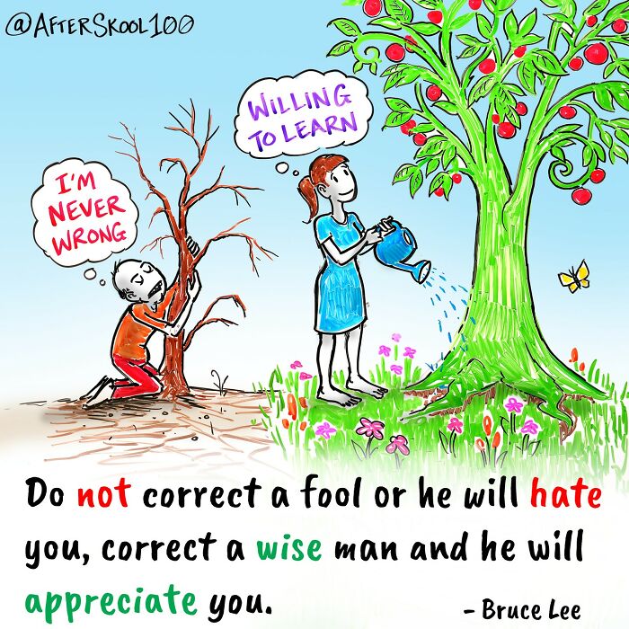 Illustration exploring philosophy, spirituality, and self-discovery with contrasting attitudes of learning and stubbornness.