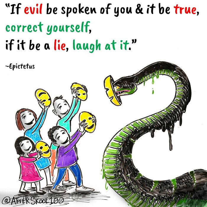 Illustration exploring philosophy and self-discovery with people holding masks facing a snake wearing a mask covered in green slime.