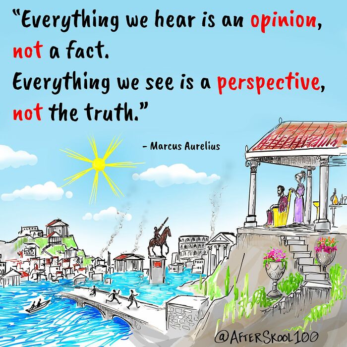 Illustration exploring philosophy and self-discovery with a Marcus Aurelius quote against a bright blue sky and ancient cityscape.