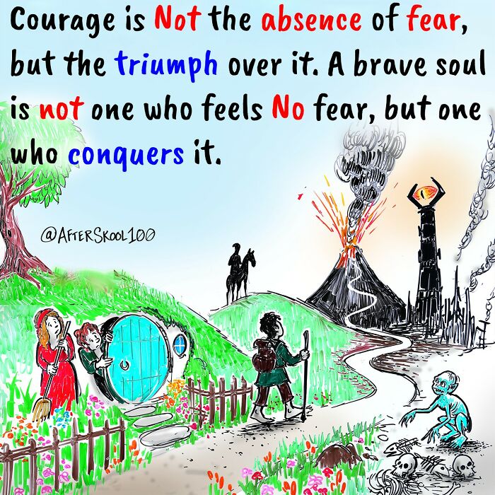 Illustration exploring philosophy, spirituality, and self-discovery with a journey from fear to courage and triumph.